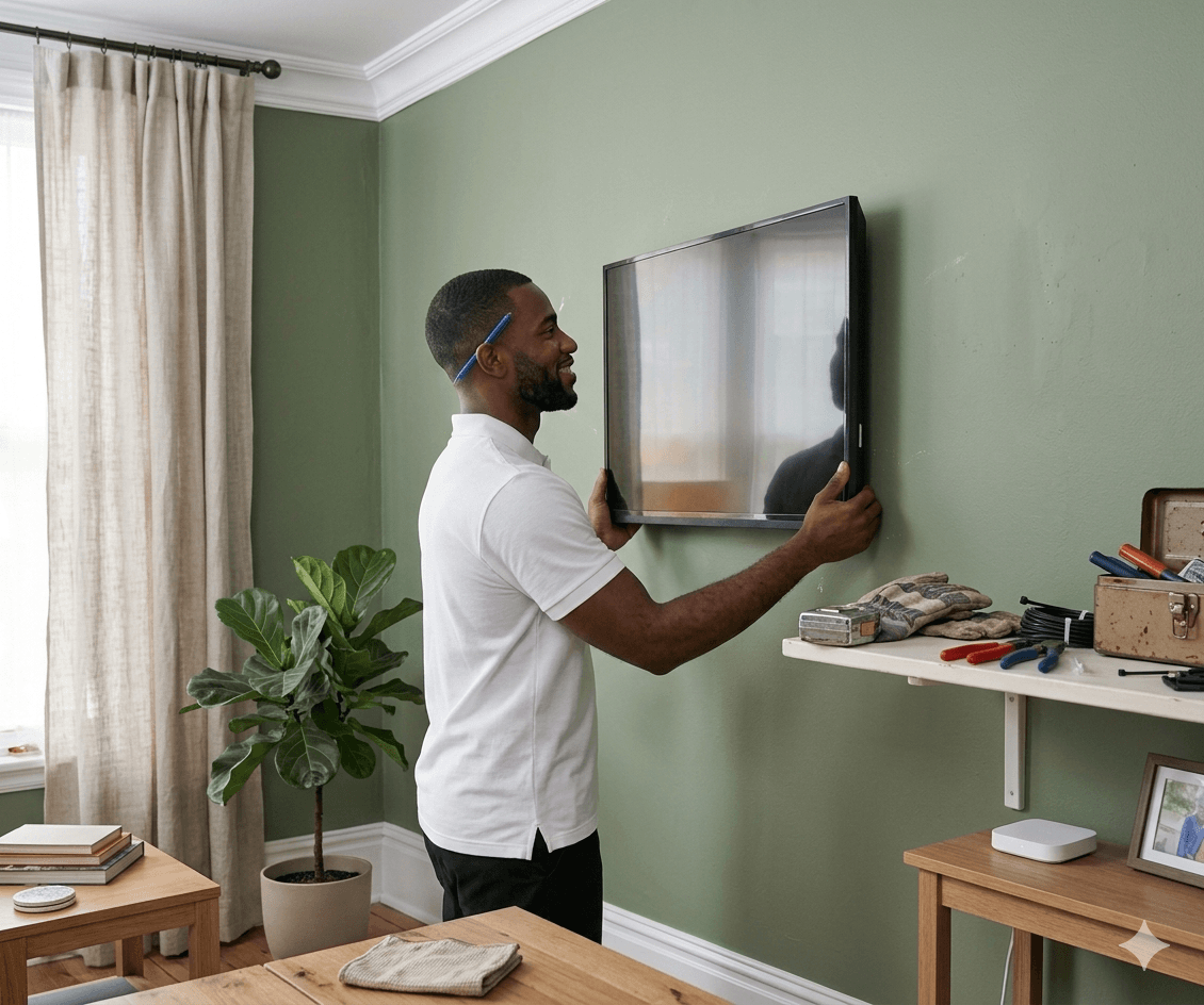 NexLevel technician mounting a TV in a Las Vegas home